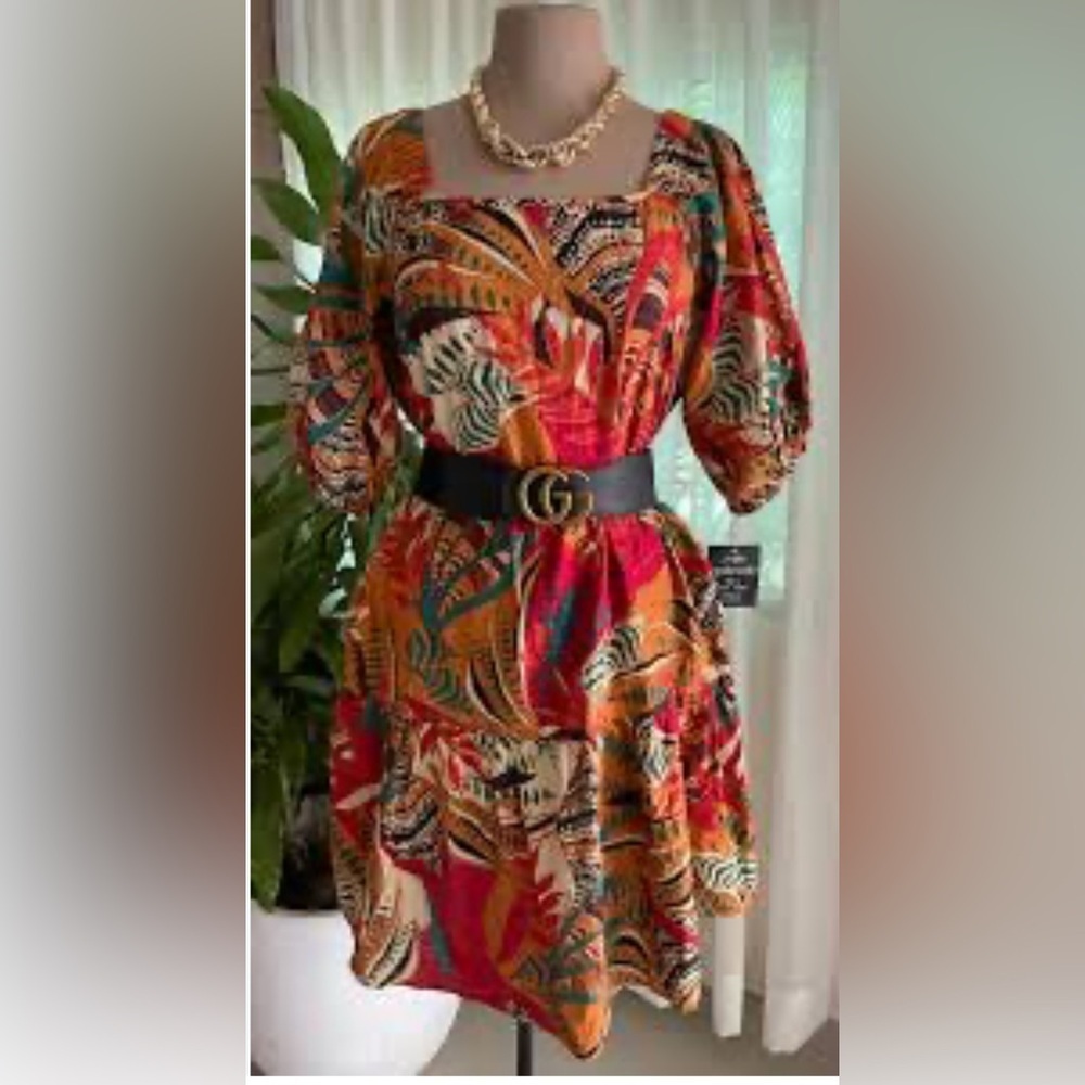 Tropical Print Puff Sleeve Dress